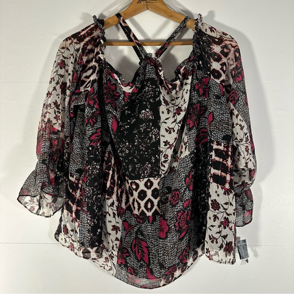 INC International Concepts Floral Patchwork Romantic Ruffled Off Shoulder Blouse